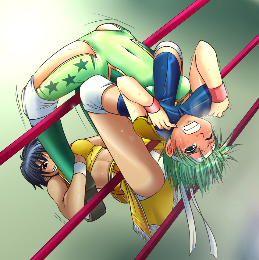 2girls despina_libre digdug006 green_hair kikuchi_riu leotard mexico multiple_girls one_eye_closed ryona wince wrestle_angels wrestle_angels_survivor wrestler wrestling wrestling_ring