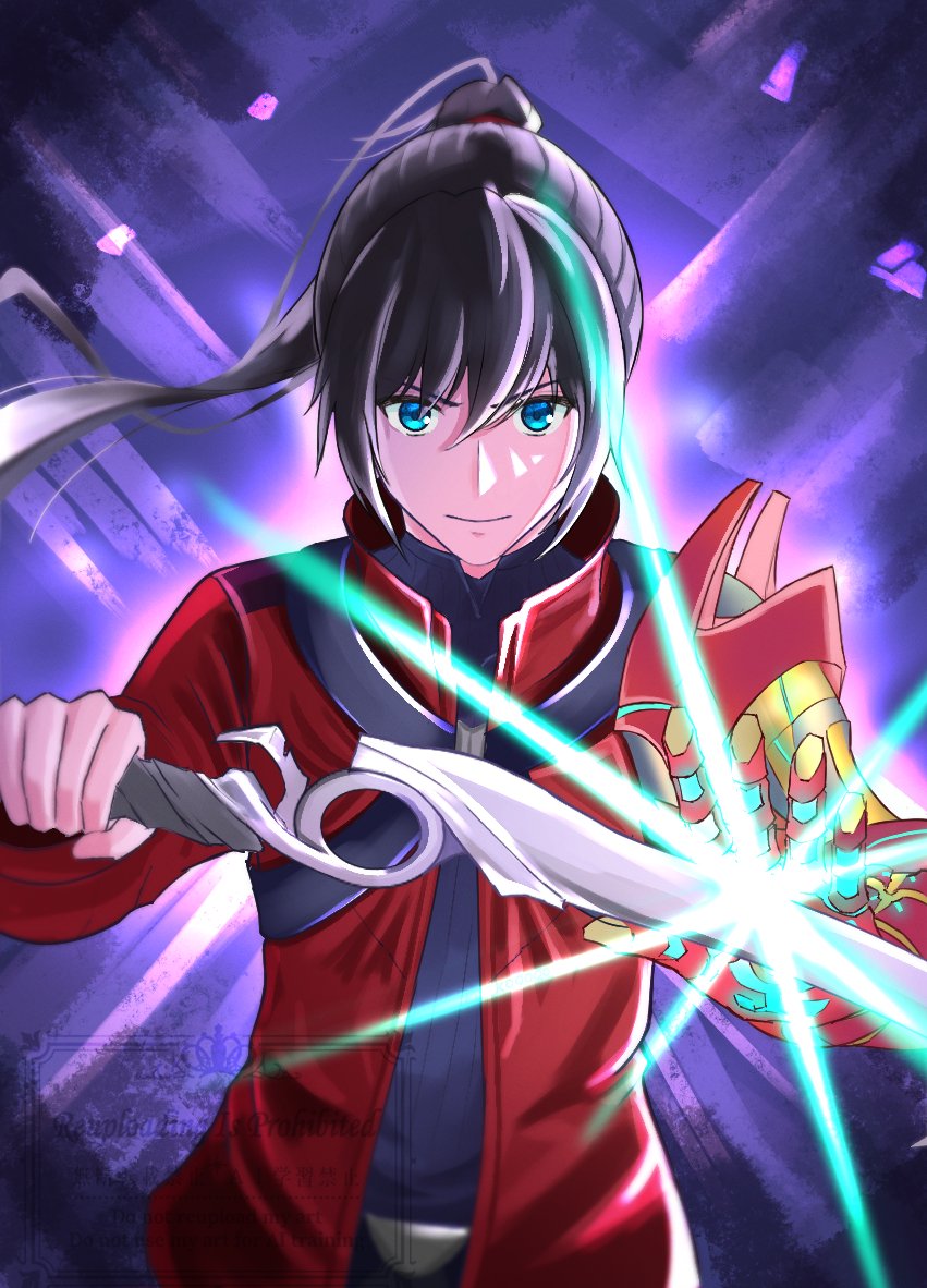 1boy black_hair blue_eyes closed_mouth hair_between_eyes high_ponytail holding holding_sword holding_weapon jacket k0oo_0 lucky_seven_(xenoblade) male_focus noah_(xenoblade) ponytail purple_background red_jacket smile solo standing sword v-shaped_eyebrows watermark weapon xenoblade_chronicles_(series) xenoblade_chronicles_3
