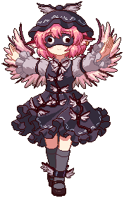1girl alternate_color animal_ears animated animated_gif anklet bird_ears bird_wings black_dress black_hat black_shoes black_socks dress earrings eyepatch game_cg grey_shirt hat jewelry juliet_sleeves kneehighs kumio long_sleeves lowres mary_janes medium_hair mob_cap mystia_lorelei outstretched_arms pink_hair puffy_sleeves shirt shoes single_earring smile socks solo tachi-e third-party_source touhou touhou_mystia's_izakaya winged_hat wings