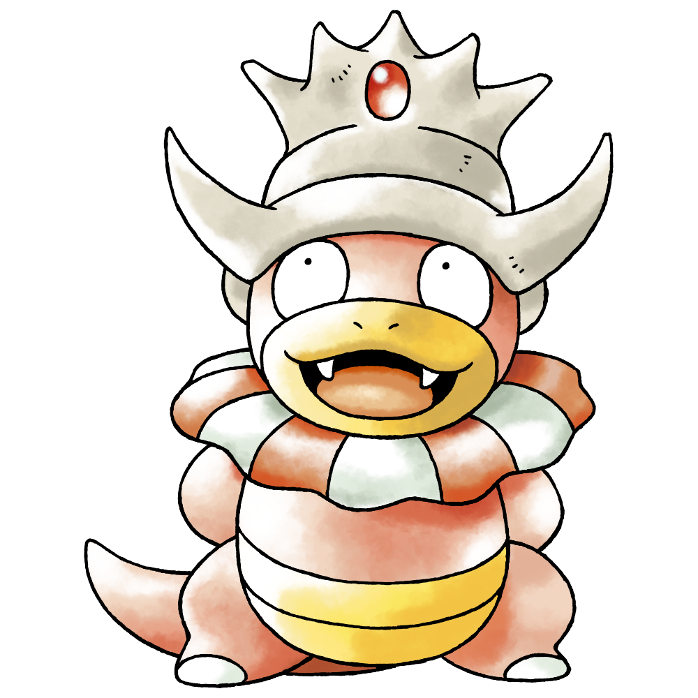 :3 arms_at_sides black_eyes colored_skin crown derivative_work fangs full_body gen_2_pokemon grey_hat grey_horns hat horns looking_up neck_ruff nintendo no_humans nostrils official_style open_mouth pink_skin pink_tail pokemon pokemon_(creature) pokemon_focus pokemon_gsc_(prototype) prototype_design raciebeep sanpaku simple_background slowking solo standing straight-on sugimori_ken_(style) tachi-e transparent_background upturned_eyes watercolor_effect