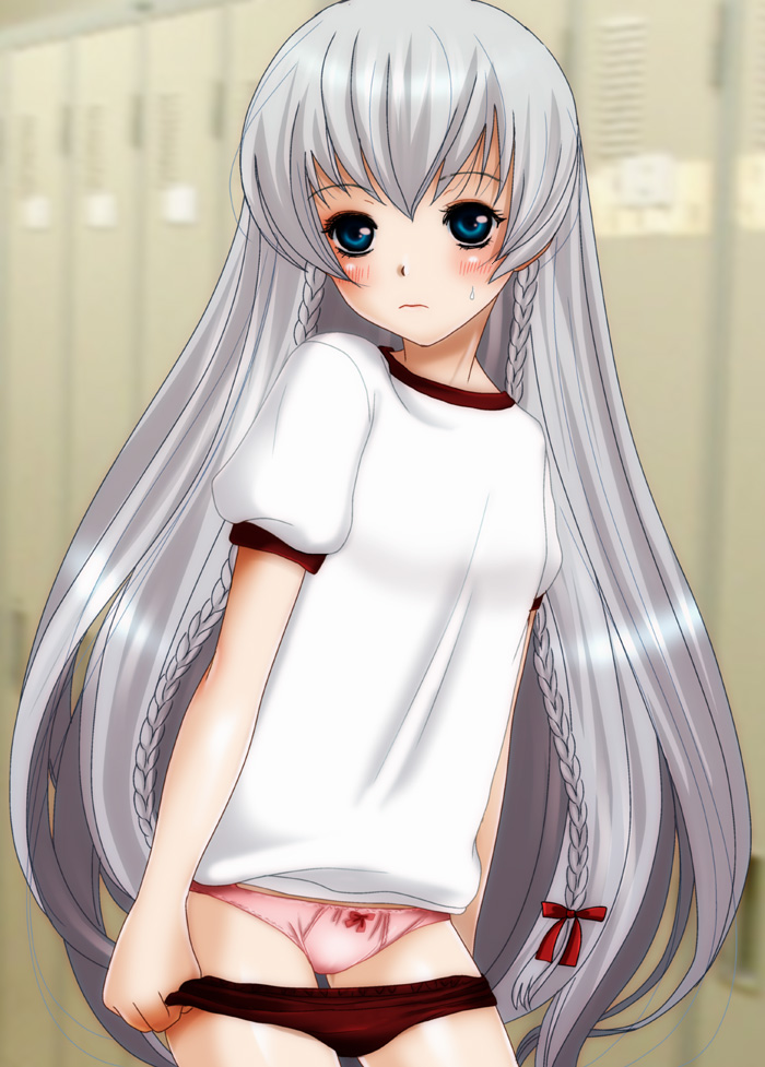 1girl ar_tonelico ar_tonelico_i blue_eyes blush bow bow_panties braid buruma buruma_pull clothes_pull female_focus gym_uniform inumori_sayaka locker locker_room long_hair looking_at_viewer panties pink_panties pulling_own_clothes shurelia_(ar_tonelico) silver_hair solo twin_braids underwear very_long_hair