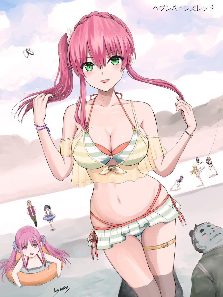 6+girls aikawa_megumi bikini breasts collarbone green_eyes heaven_burns_red highres kunimi_tama long_hair microskirt multiple_girls navel niwatori_kokezou outdoors pink_hair rumi_(heaven_burns_red) side_ponytail skirt striped_bikini striped_clothes swimsuit team_31a_(heaven_burns_red)