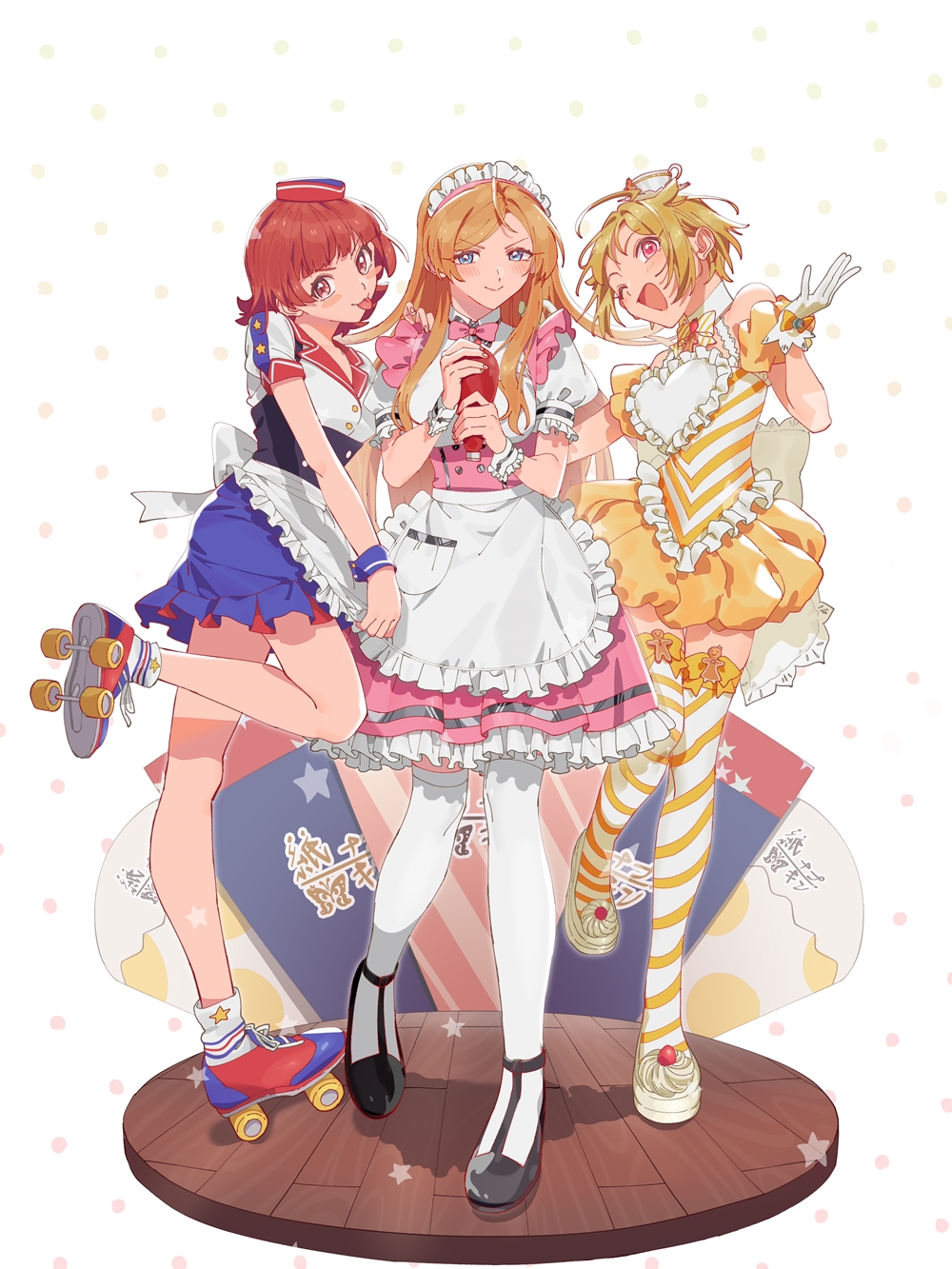 &gt;:) &gt;:p 3girls ;d ahoge apron blonde_hair blue_eyes blue_skirt bottle burger_skater_(idolmaster) dress flipped_hair frilled_skirt frills gloves hair_flaps hat heart_apron highres holding holding_bottle hoyaza1561 ibuki_tsubasa idolmaster idolmaster_million_live! idolmaster_million_live!_theater_days long_hair maid_apron maid_headdress multiple_girls nonohara_akane official_alternate_costume one_eye_closed open_mouth pink_dress pink_eyes pretty_waitress_(idolmaster) puffy_short_sleeves puffy_sleeves red_eyes red_hair roller_skates shinomiya_karen shirt short_hair short_sleeves skates skirt smile striped_clothes striped_dress striped_thighhighs teatime_happiness_(idolmaster) thighhighs underbust v-shaped_eyebrows very_long_hair white_shirt wooden_floor yellow_dress