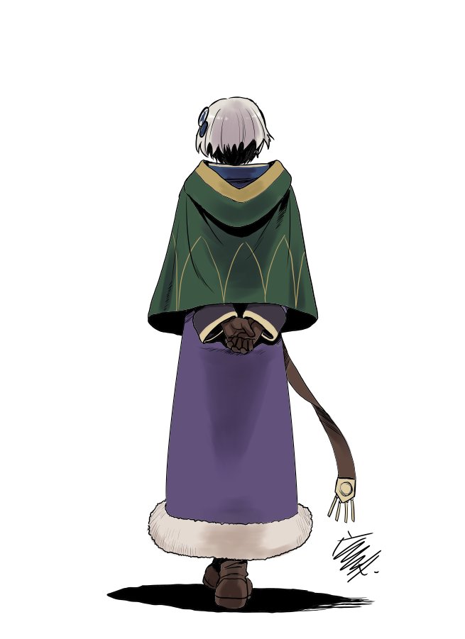 1girl arms_behind_back boots brown_boots brown_gloves capelet commentary_request dress full_body fur-trimmed_dress fur_trim gloves green_capelet grey_hair hair_ornament hiroe_rei hood hooded_capelet long_sleeves meteora_osterreich own_hands_together palestine politics purple_dress re:creators shadow short_hair signature simple_background solo white_background with_handala_pose