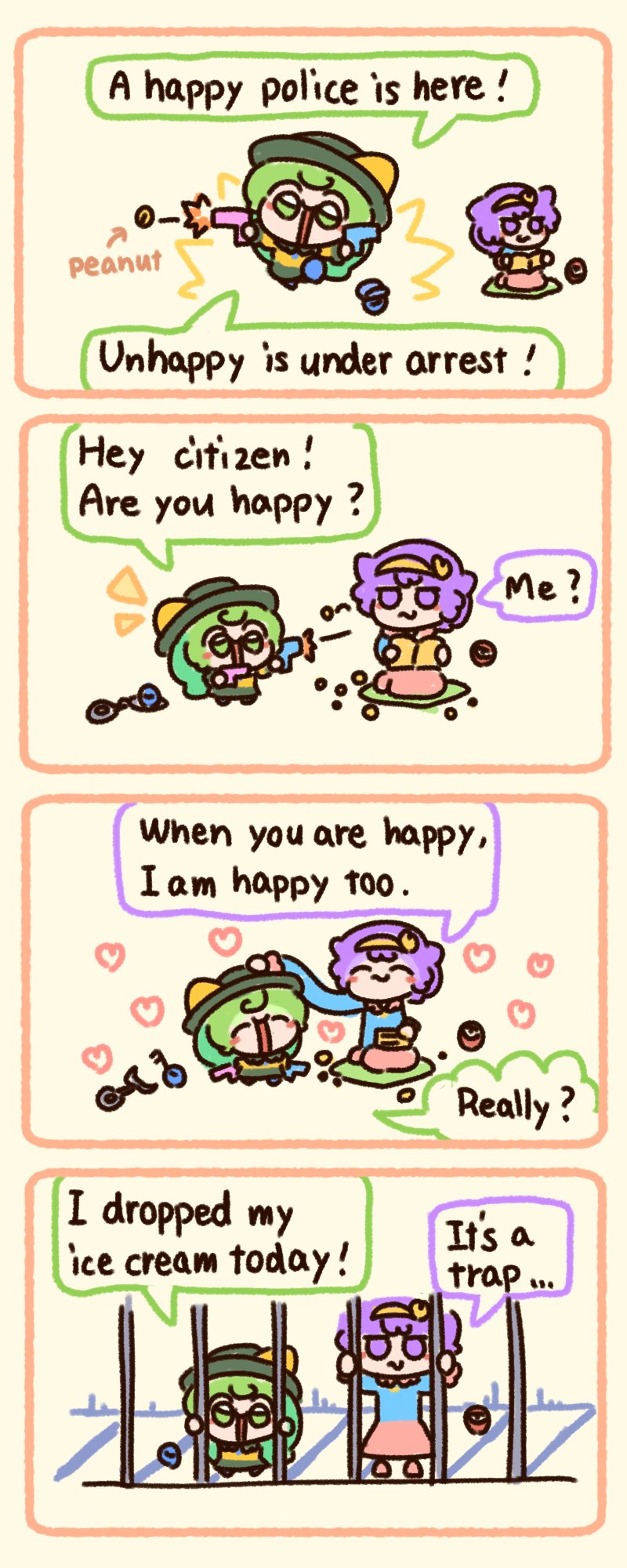2girls 4koma :s black_headwear book comic commentary english_commentary english_text green_eyes green_hair gun hairband heart highres holding holding_book komeiji_koishi komeiji_satori multiple_girls numenoko peanut prison purple_eyes purple_hair siblings sisters speech_bubble tan_tan_pou third_eye touhou weapon yellow_background yellow_hairband