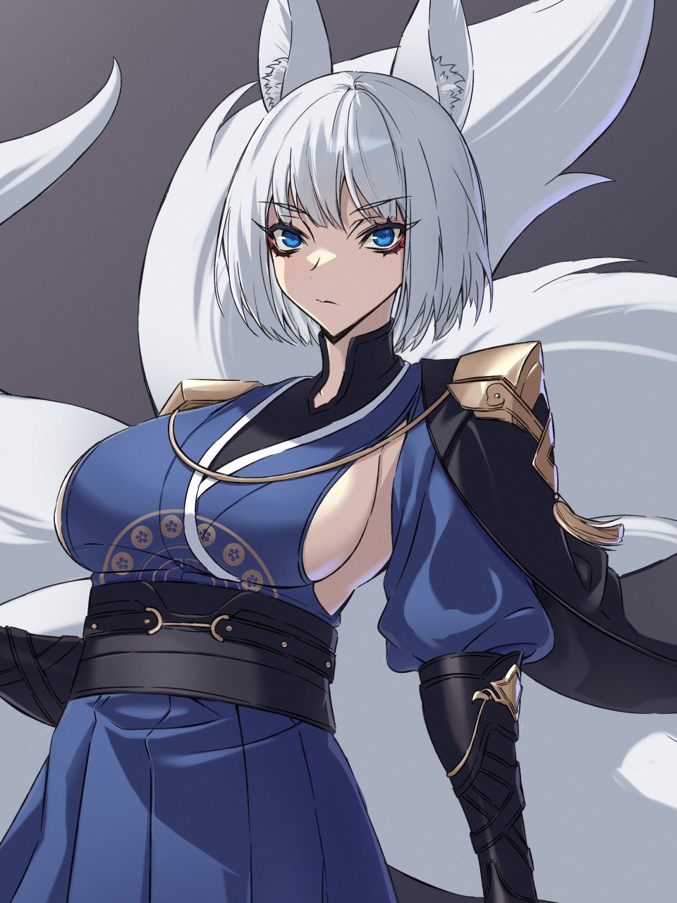 1girl animal_ears azur_lane blue_eyes blue_kimono bob_cut breasts commentary_request cowboy_shot fox_ears fox_girl fox_tail grey_background highres japanese_clothes kaga_(azur_lane) kaga_(dusk-simurgh&#039;s_vigil)_(azur_lane) kimono kitsune large_breasts multiple_tails official_alternate_costume ouka_(sakura_oinari) short_hair simple_background solo tail white_hair