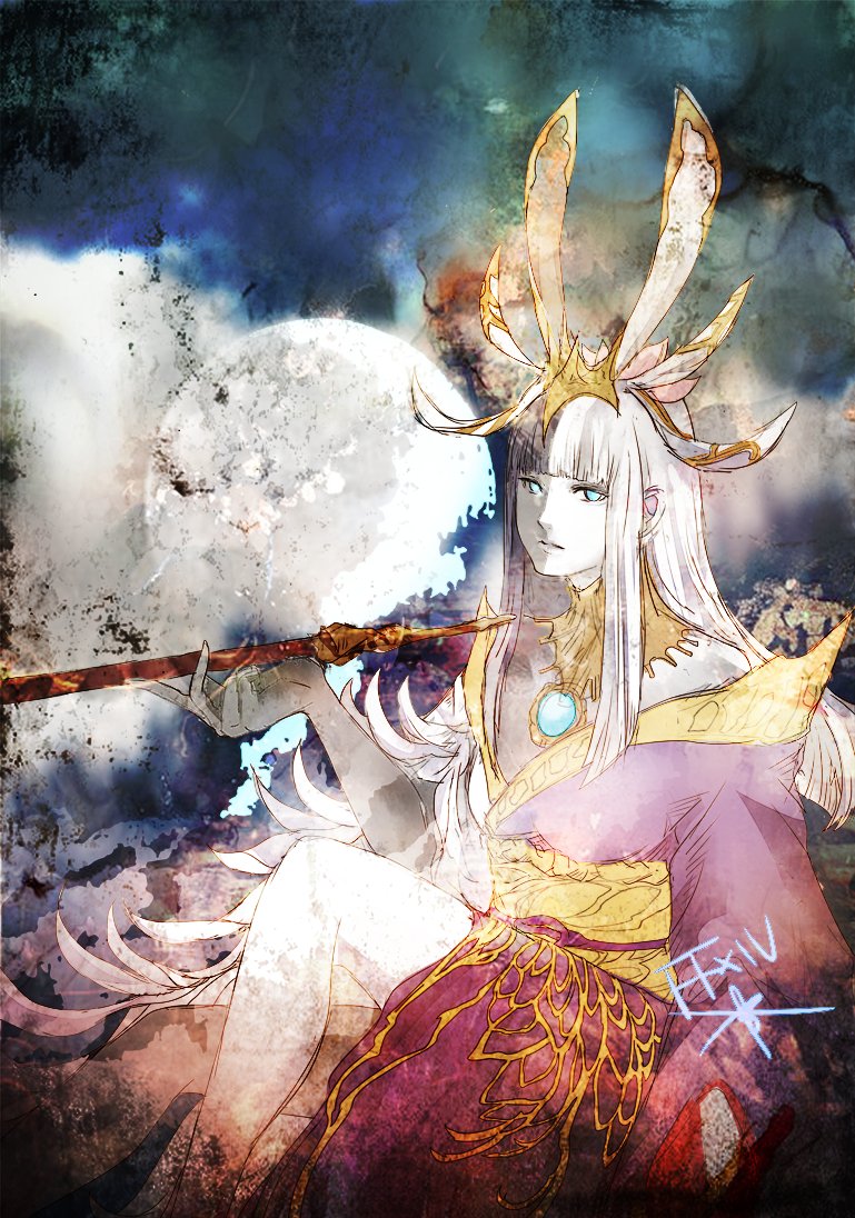 1girl abstract_background animal_ears black_hair blue_eyes blunt_bangs colored_skin copyright_name expressionless final_fantasy final_fantasy_xiv full_moon gold_trim headpiece holding holding_smoking_pipe japanese_clothes kimono kiseru long_hair looking_at_viewer moon multicolored_hair purple_kimono rabbit_ears ruka_(blueplus84) sitting smoking_pipe solo straight_hair tsukuyomi_(ff14) two-tone_hair white_hair white_skin yellow_collar