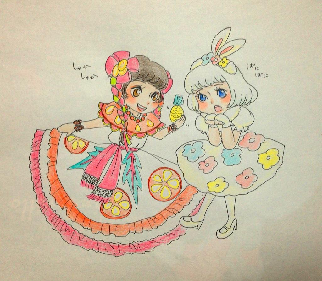 08130326 2girls blush braid brown_hair character_request colored_pencil_(medium) commentary_request copyright_request disneyland dress flower long_hair looking_at_viewer makeup mexican_clothes multiple_girls simple_background smile traditional_media twin_braids white_background
