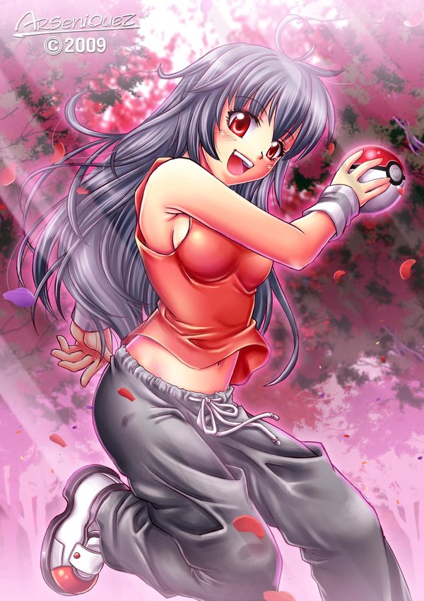 00s 1girl 2009 :d ahoge armlet armpits artist_name black_hair blush borrowed_character cherry_blossoms female_focus holding holding_poke_ball image_sample jewelry long_hair navel nintendo open_mouth original pants petals poke_ball pokemon red_eyes red_shirt ribbon shirt sleeveless sleeveless_shirt smile solo songwut_ouppakarndee stomach tank_top track_pants tree very_long_hair white_ribbon