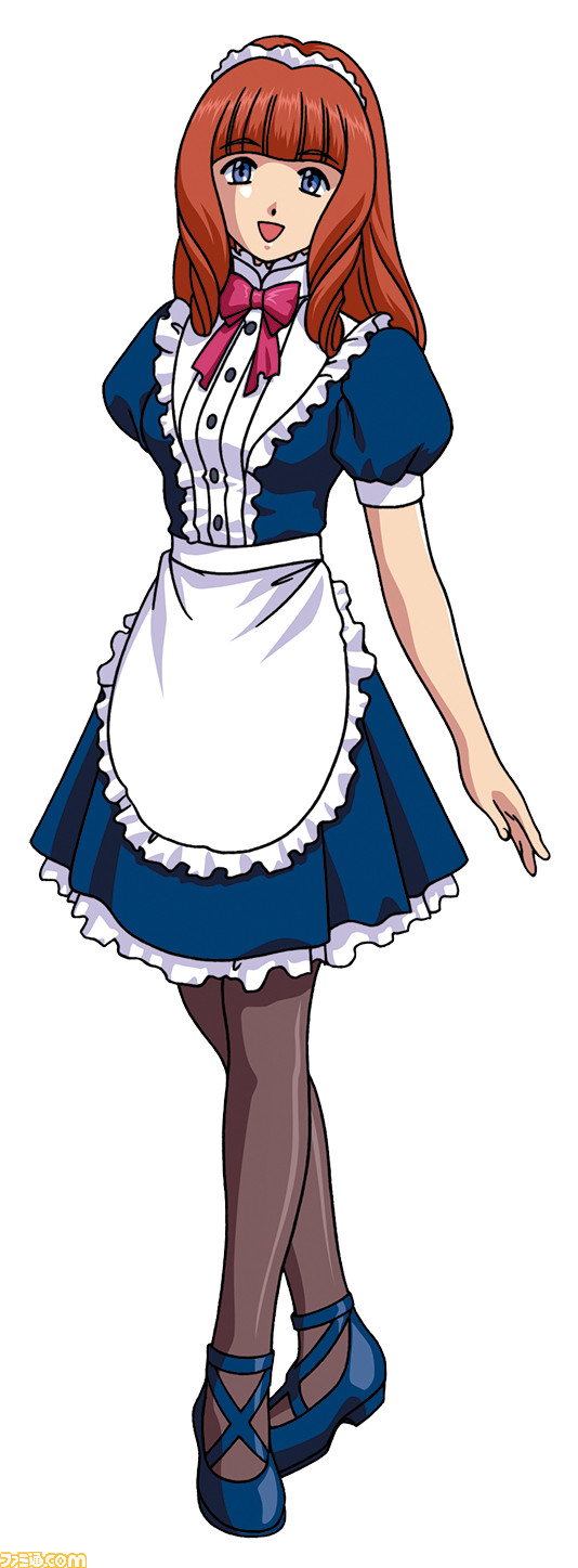 apron aqua_eyes artist_request blue_dress blue_footwear blue_sleeves blunt_bangs breasts brown_pantyhose buttons cel_shading center_frills collar dress dress_ribbon famitsu frilled_apron frilled_collar frilled_dress frills high_heels highres layered_dress legs_apart looking_at_viewer maid maid_headdress medium_breasts medium_hair mell_raison official_art open_mouth orange_hair pantyhose sakura_taisen sakura_taisen_iii second-party_source sega short_sleeves simple_background sleeve_cuffs smile standing strappy_heels tachi-e watermark white_apron white_background white_collar white_headdress white_sleeve_cuffs