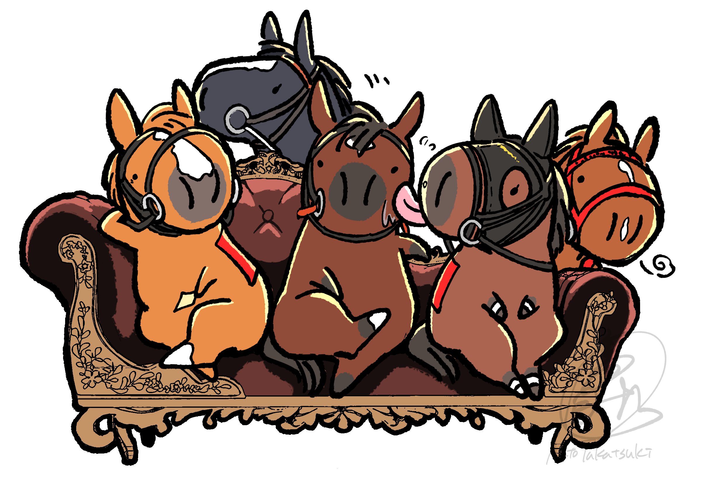bridle chibi chibi_only commentary crossed_legs flying_sweatdrops gentildonna_(racehorse) highres hood horse licking lounging mejiro_ramonu_(racehorse) motion_lines no_humans orfevre_(racehorse) pose_imitation race_bib real_life signature sirius_symboli_(racehorse) sitting smart_falcon_(racehorse) takatsuki_nato umamusume watermark