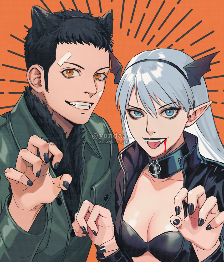 1boy 1girl adapted_costume alternate_costume animal_ears bandaid bandaid_on_cheek bandaid_on_face bandaid_on_forehead bat_wings black_bra black_collar black_fur black_hair black_hairband black_lips black_nails blood blood_from_mouth blue_eyes blue_hair bodysuit bra breasts brown_eyes claw_pose cleavage collar devil_summoner:_soul_hackers devil_summoner_(series) eyelashes eyeshadow fangs fingernails green_jacket grin hair_ornament hairband hands_up head_wings jacket leather leather_bra leather_collar leather_jacket lipstick long_hair long_pointy_ears looking_at_viewer makeup medium_sideburns nail_polish nemissa open_bodysuit open_clothes open_jacket orange_background pale_skin pointy_ears protagonist_(soul_hackers) short_hair smile strapless strapless_bra tongue tongue_out underwear vampire very_short_hair wing_hair_ornament wings wolf_boy wolf_ears yorita_(kick_knock)