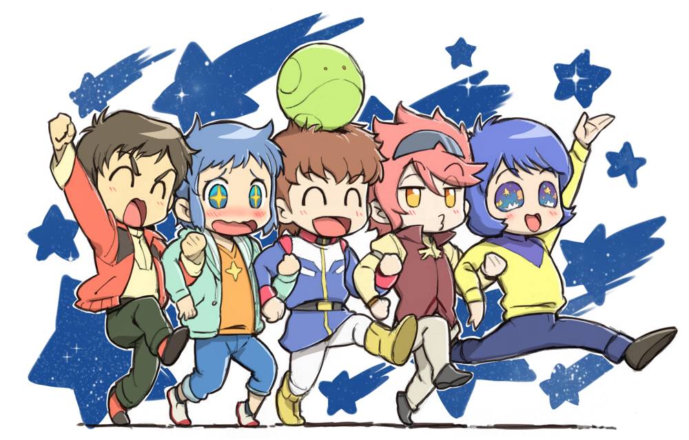5boys amuro_ray blue_hair boots brown_hair graphite_(medium) gundam gundam_build_fighters gundam_zz haro iori_sei judau_ashta kamille_bidan male_focus mobile_suit_gundam multiple_boys red_hair reiji_(gundam_bf) short_hair star_(symbol) star_symbol_background traditional_media usikani yellow_boots zeta_gundam