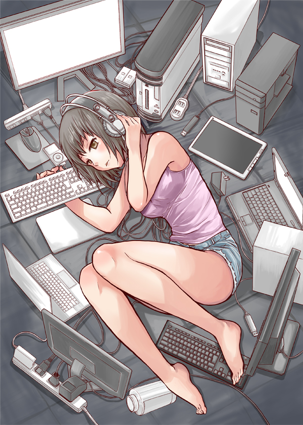 1girl armpits arms_up bare_shoulders barefoot black_hair brown_eyes brown_hair computer computer_keyboard denim denim_shorts digital_media_player feet female_focus hand_on_headphones headphones laptop legs lying monitor on_side open_mouth original power_strip se_(system_engineer) short_hair shorts solo tank_top ubizo