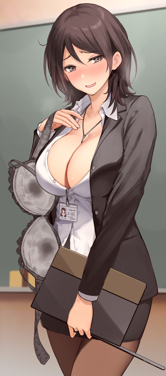 1girl amagami black_jacket black_skirt bra breasts brown_eyes brown_hair brown_pantyhose classroom cleavage collared_shirt commentary_request highres holding holding_bra holding_underwear holding_unworn_clothes id_card indoors jacket large_breasts looking_at_viewer open_mouth pantyhose partially_unbuttoned pencil_skirt serizawa_(serizawaroom) shirt short_hair skirt smile solo takahashi_maya teacher underwear unworn_bra white_shirt