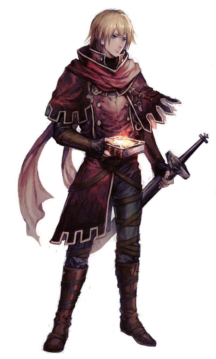 1boy aoki_(fumomo) atlus belt book boots capelet expressionless fingerless_gloves full_body gloves glowing greyscale highres male_focus monochrome radiant_historia scarf sheath sheathed simple_background solo standing stocke sword uniform weapon