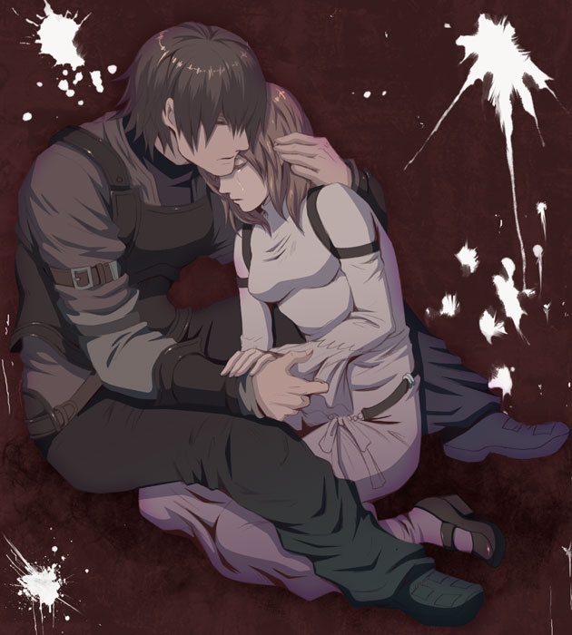 1boy 1girl bad_id bad_pixiv_id brother_and_sister brown_hair caim_(drag-on_dragoon) closed_eyes commentary_request drag-on_dragoon drag-on_dragoon_1 dress fujimaru_(green_sparrow) furiae siblings sitting