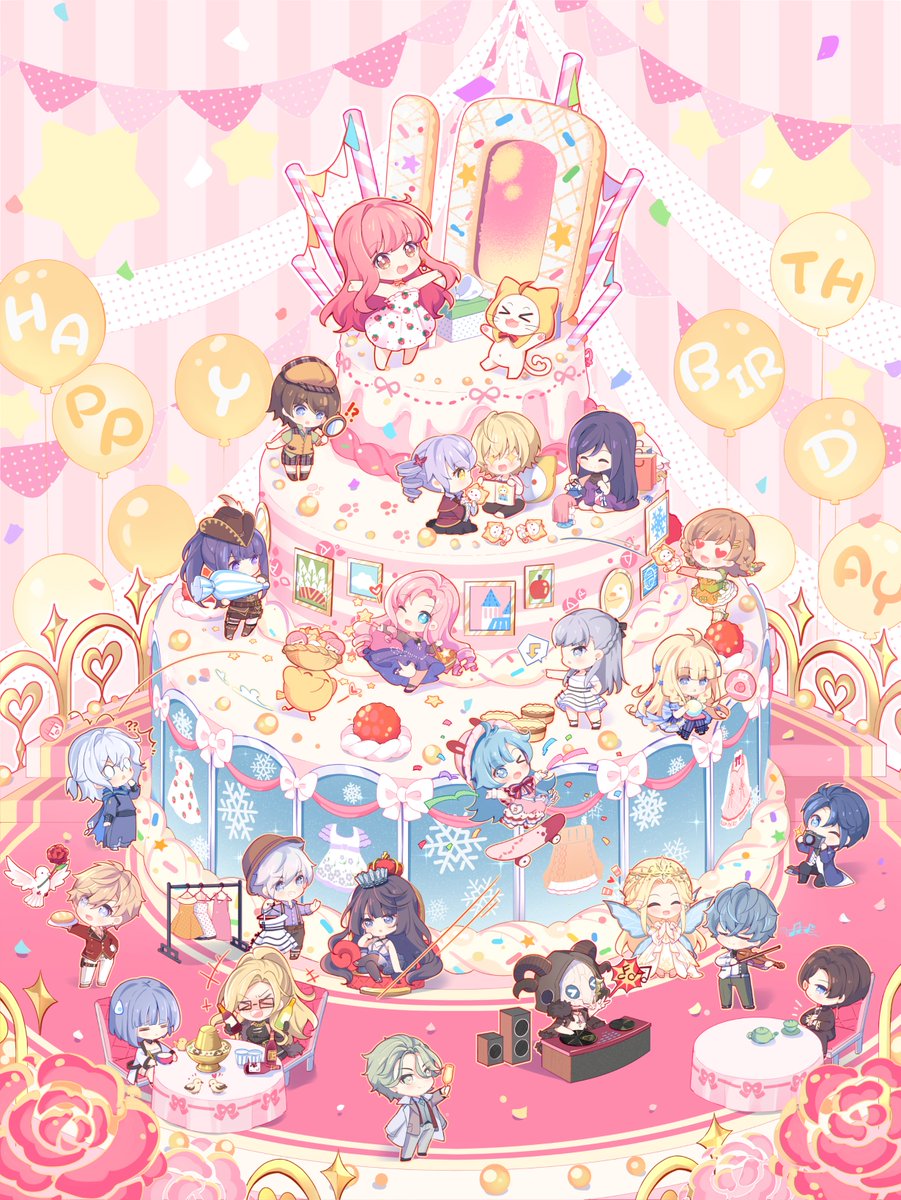 +_+ 6+boys 6+girls abstract_background ace_(miracle_nikki) anniversary balloon bare_shoulders bird black_dress black_hair blonde_hair blue_eyes blue_hair bobo_(miracle_nikki) brown_eyes cake camera chibi commentary copyright_name dj dove dress drunk english_commentary fairy fairy_wings food happy_birthday heart heart-shaped_pupils highres holding holding_camera holding_magnifying_glass instrument kimi_(miracle_nikki) long_hair looking_at_viewer magnifying_glass miracle_nikki momo_(nikki) multiple_boys multiple_girls music nikki_(nikki) nikki_(series) nikki_up2u nikki_up2u2:_world_traveller official_art official_wallpaper outstretched_arms pink_hair playing_instrument purple_dress shining_nikki sitting skate spread_arms sweets symbol-shaped_pupils table teapot white_eyes white_hair wings yellow_cloak