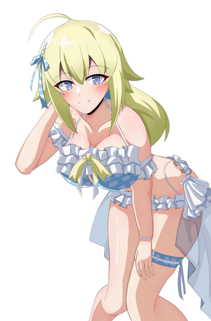 1girl ahoge amano_soraha arm_garter assault_lily bare_shoulders bikini blonde_hair blue_bikini blue_eyes blue_ribbon blush bracelet breasts closed_mouth collarbone commentary_request feet_out_of_frame frilled_bikini frills hair_between_eyes hair_ribbon halterneck hand_on_own_hip hand_on_own_thigh hand_up ishitsuma_canon jewelry knees_together_feet_apart large_breasts leaning_forward leg_ribbon long_hair looking_at_viewer multi-strapped_bikini_bottom multicolored_bikini official_alternate_costume plaid_bikini plaid_clothes plaid_ribbon ribbon see-through_clothes simple_background smile solo standing swimsuit thigh_ribbon thigh_strap two-tone_bikini white_background white_bikini white_ribbon yellow_ribbon