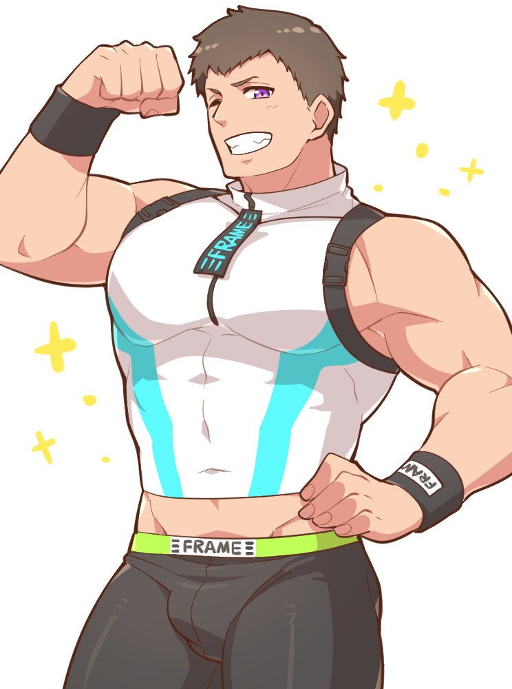 1boy abs aopanda bara black_leggings brown_hair chest_harness covered_abs crop_top flexing grin hand_on_own_hip harness idolmaster idolmaster_side-m large_pectorals leggings male_focus muscular muscular_male one_eye_closed pectorals purple_eyes shingen_seiji shirt short_hair sidepec simple_background smile solo sparkle sweatband taut_clothes taut_shirt turtleneck waistband white_background wristband zipper