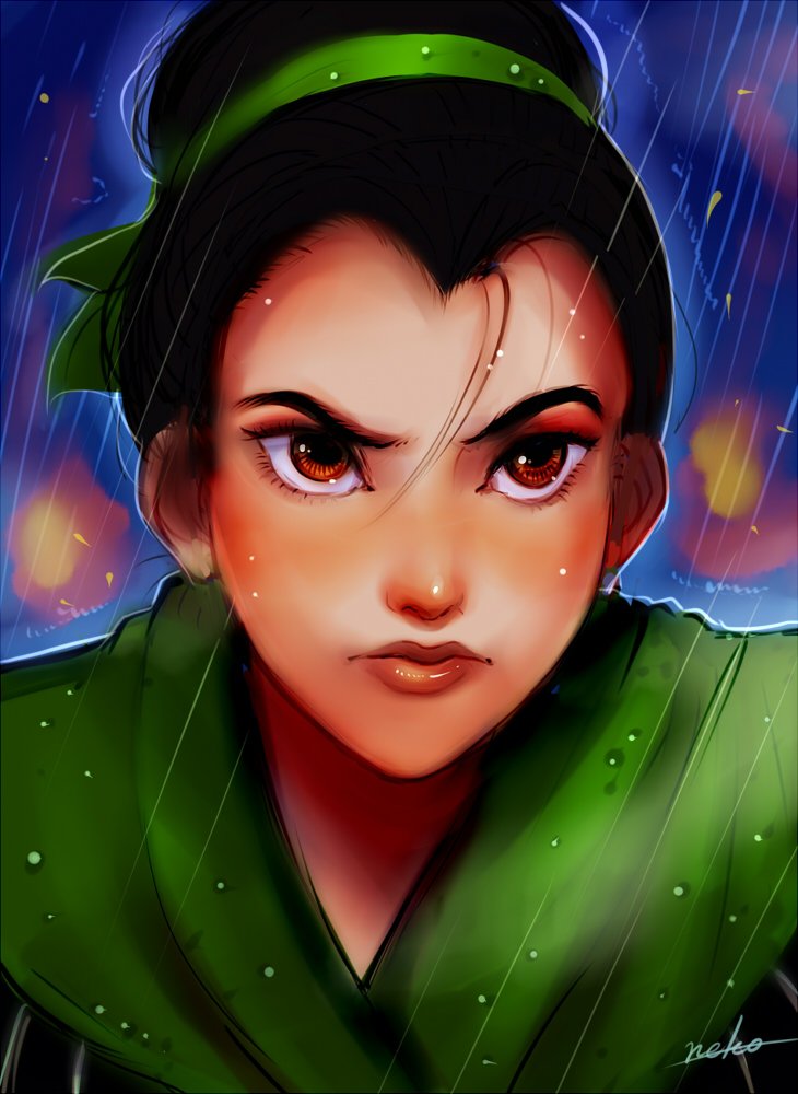 1girl animification black_hair brown_eyes chinese_clothes fa_mulan_(disney) hair_bun looking_at_viewer mulan_(movie) nyamunekonabe open_mouth personification rain short_hair solo upper_body