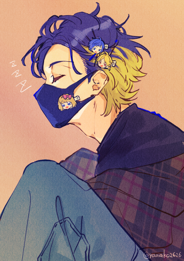 1boy blonde_hair blue_hair chibi chibi_inset closed_eyes denim from_side jeans knees_up kokuhaku_jikkou_iinkai male_focus mask mouth_mask multicolored_hair narumi_mona off_shoulder pants plaid_clothes plaid_shirt profile shibasaki_aizou shirt short_hair sitting sleeping solo someya_yuujirou two-tone_hair yamako_(state_of_children) yui_(kokuhaku_jikkou_iinkai) zzz