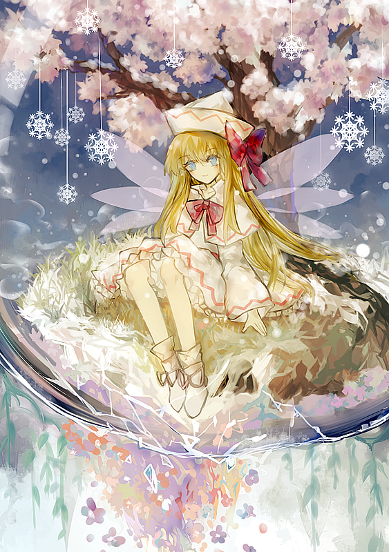 1girl blonde_hair bloomers blue_eyes bow broken_glass cherry dress fairy fairy_wings flower food fruit glass grass hat knees light_smile lily_white long_hair orb plant red_bow sanuo shoes sitting snowflake_ornament solo spilling touhou tree underwear vines white_dress white_hat white_shoes wings