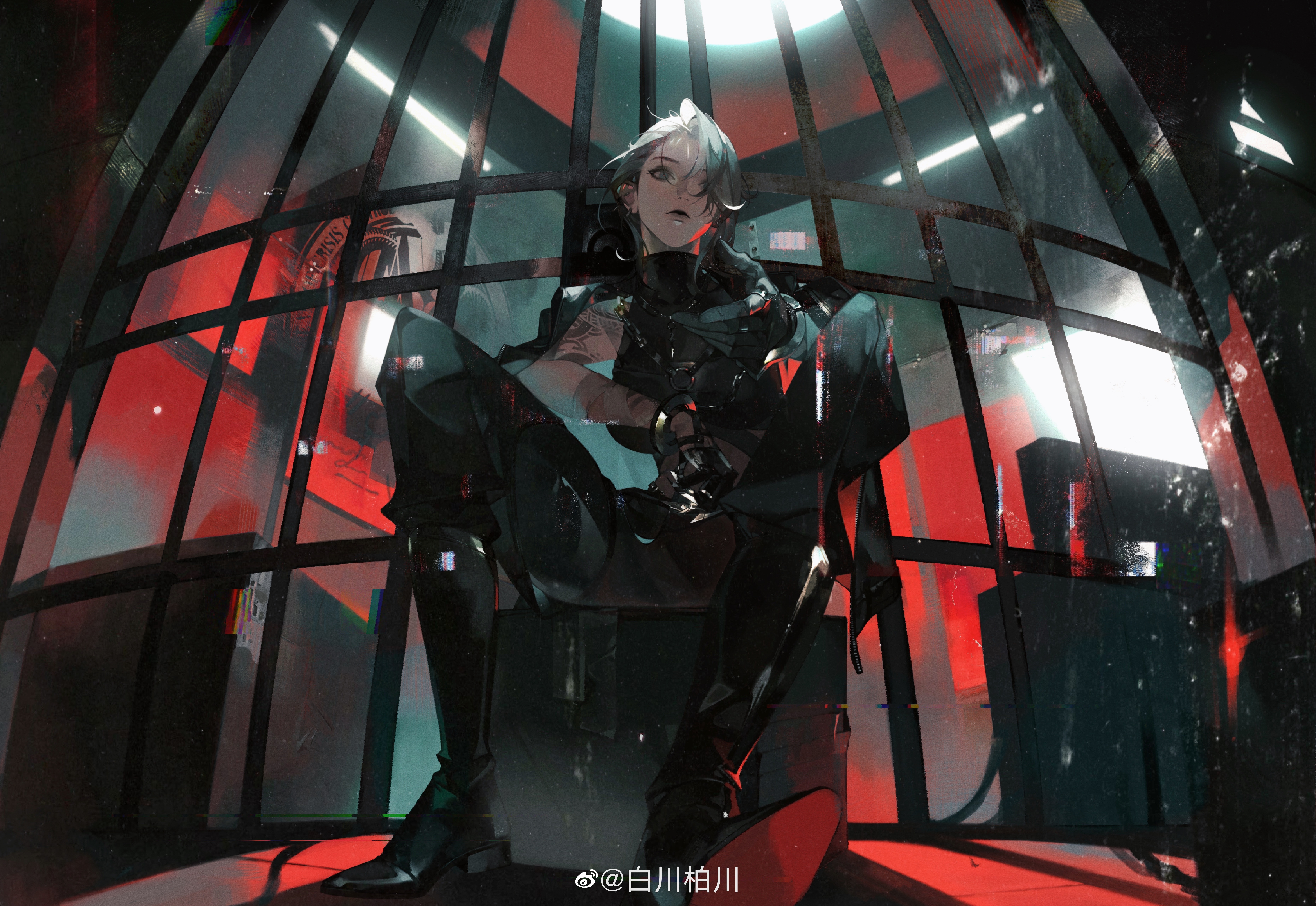 1girl absurdres arm_tattoo black_boots black_gloves boots earrings gloves highres iotaectoplasm jewelry path_to_nowhere prison sitting tattoo zoya_(path_to_nowhere)
