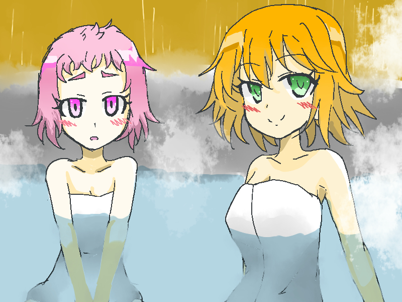 10s 2girls bare_shoulders blush breasts cleavage green_eyes harumi_madoka inu_to_hasami_wa_tsukaiyou multiple_girls oosawa_hami open_mouth orange_hair pink_eyes pink_hair short_hair smile steam towel water