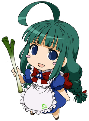 1girl :d ahoge apron blue_dress blue_eyes blunt_bangs blush blush_stickers bow bowtie braid brooch chibi commentary_request dress flat_chest frilled_apron frills full_body green_hair jewelry long_hair looking_at_viewer lowres maid maid_apron maso_(ascii_art) me-tan microsoft_windows open_mouth os-tan personification puffy_sleeves red_bow red_bowtie simple_background smile solo spring_onion standing twin_braids twintails white_apron white_background windows_classic windows_me