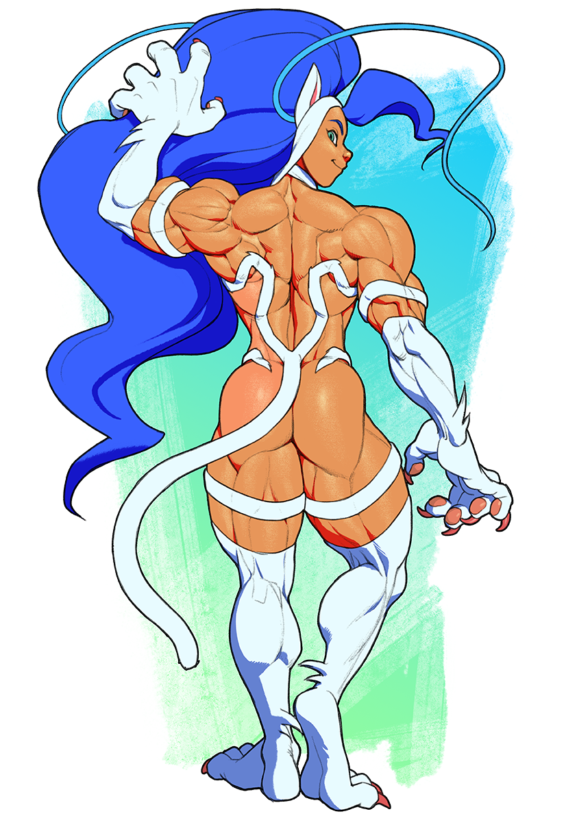 1girl ahoge animal_ears animal_feet animal_hands arm_up ass back_muscles biceps big_hair blue_hair cat_ears cat_girl cat_paws cat_tail claws closed_mouth darkstalkers felicia_(darkstalkers) from_behind full_body heel_up huge_ahoge long_hair looking_at_viewer looking_back muscular muscular_female pokkuti profile simple_background smile solo standing tail
