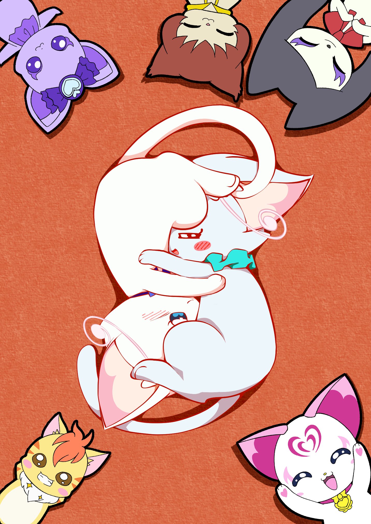 2boys 5girls @est@ animalization blue_eyes cat closed_eyes collar commentary_request davi_(dokidoki!_precure) dokidoki!_precure go!_princess_precure healin&#039;_good_precure highres hug hummy_(suite_precure) international_cat_day kuroro_(go!_princess_precure) lying miss_siamour multiple_boys multiple_girls nekoyashiki_mayu nekoyashiki_yuki nekoyashiki_yuki_(cat) nyatoran_(precure) on_side precure suite_precure tail white_fur wonderful_precure! yellow_fur