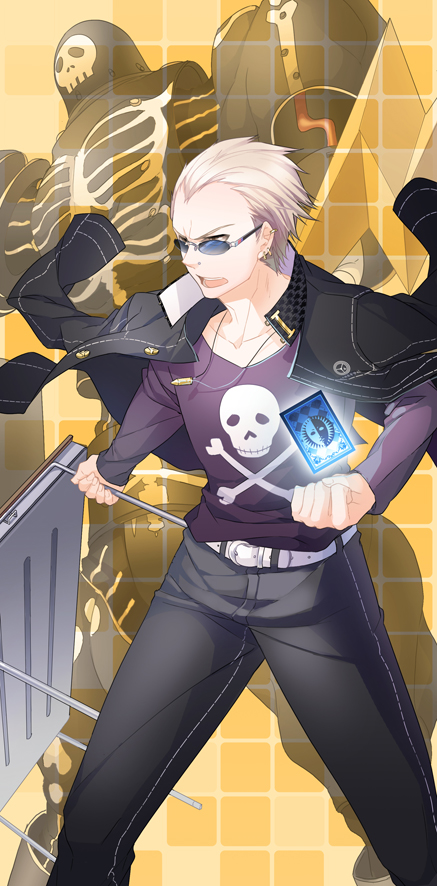 1boy aile_(crossroads) atlus blonde_hair bullet card collarbone desk eyewear_on_head floating_card glasses jacket jacket_on_shoulders jewelry male_focus necklace persona persona_4 school_desk school_uniform short_hair skull_and_crossbones solo sunglasses take-mikazuchi tatsumi_kanji