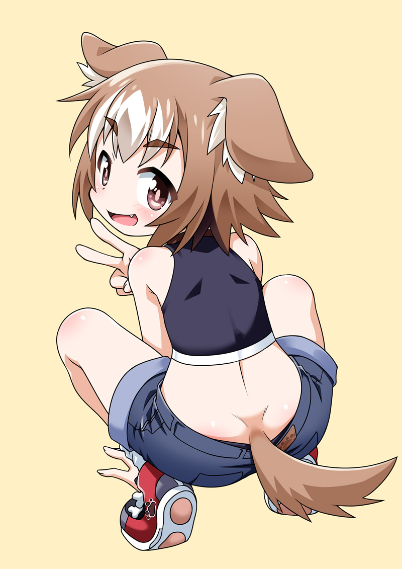 1girl akou_roushi animal_ear_fluff animal_ears ass blue_shorts blush brown_eyes dimples_of_venus dog_ears dog_girl dog_tail fang from_behind inuishi_kururi_(akou_roushi) looking_back lowleg lowleg_shorts medium_hair multicolored_hair open_mouth original red_shoes shoes short_shorts shorts simple_background smile solo squatting tail tiptoes v white_hair