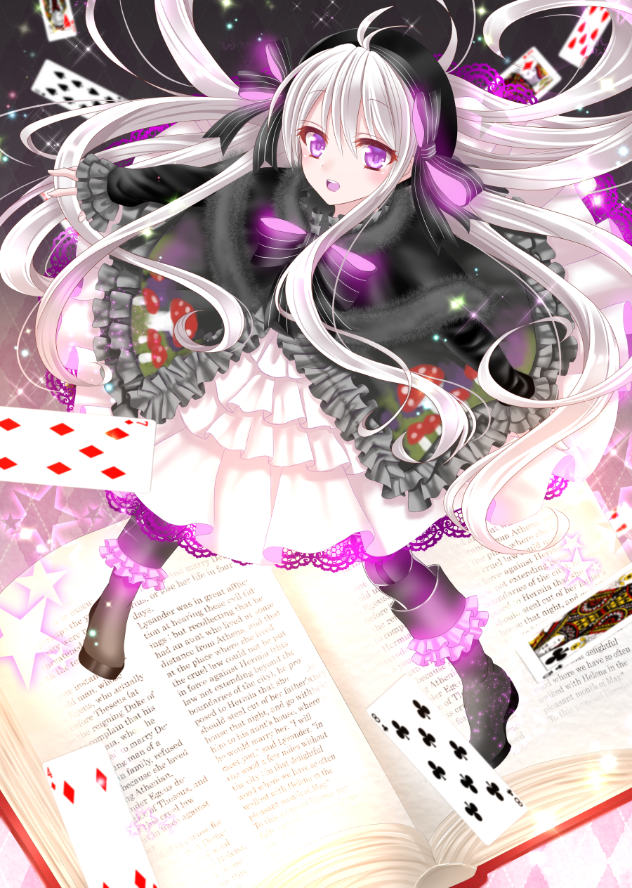 1girl alice_(fate) black_ribbon book card dress fate/grand_order fate_(series) female_focus frilled_dress frills full_body hair_ribbon highres king_(playing_card) king_of_diamonds long_hair mushroom nursery_rhyme_(fate) open_book open_mouth playing_card purple_eyes queen_(playing_card) queen_of_clubs ribbon silver_hair solo star_(symbol) yuzushiro_(sei)