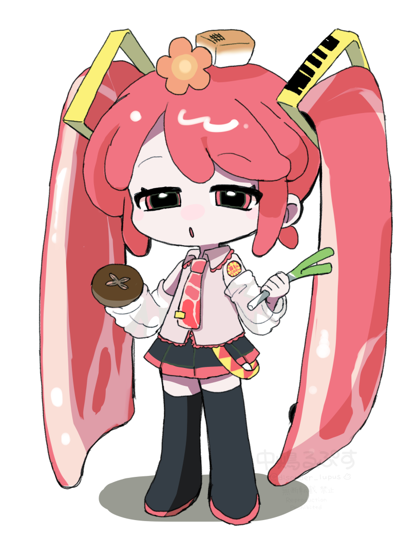 1girl boots detached_sleeves food food-themed_clothes food-themed_hair food_on_head full_body hatsune_miku holding holding_food long_hair long_sleeves looking_at_viewer mushroom nakajima_lupus necktie niku_miku_(nankai) object_on_head open_mouth pleated_skirt raw_meat red_eyes red_hair see-through_clothes see-through_sleeves shirt skirt sleeveless sleeveless_shirt solo spring_onion thigh_boots twintails very_long_hair vocaloid