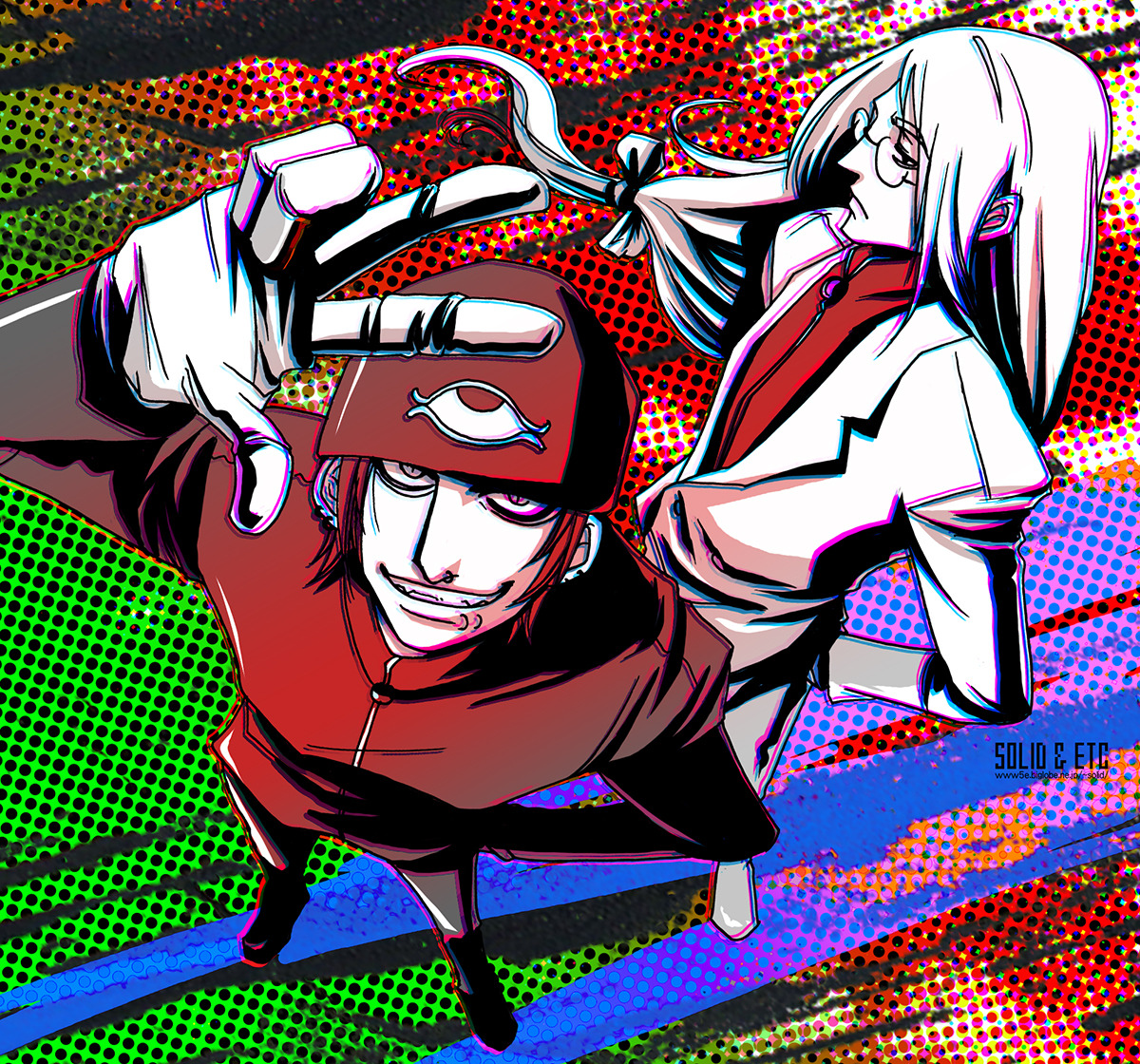 2boys arm_behind_back artist_name bow brothers from_above frown glasses gloves grin hair_bow hat hellsing jacket jan_valentine limited_palette lip_piercing lip_ring long_hair low-tied_long_hair luke_valentine male_focus multiple_boys siblings smile toshimichi_yukari w watermark web_address