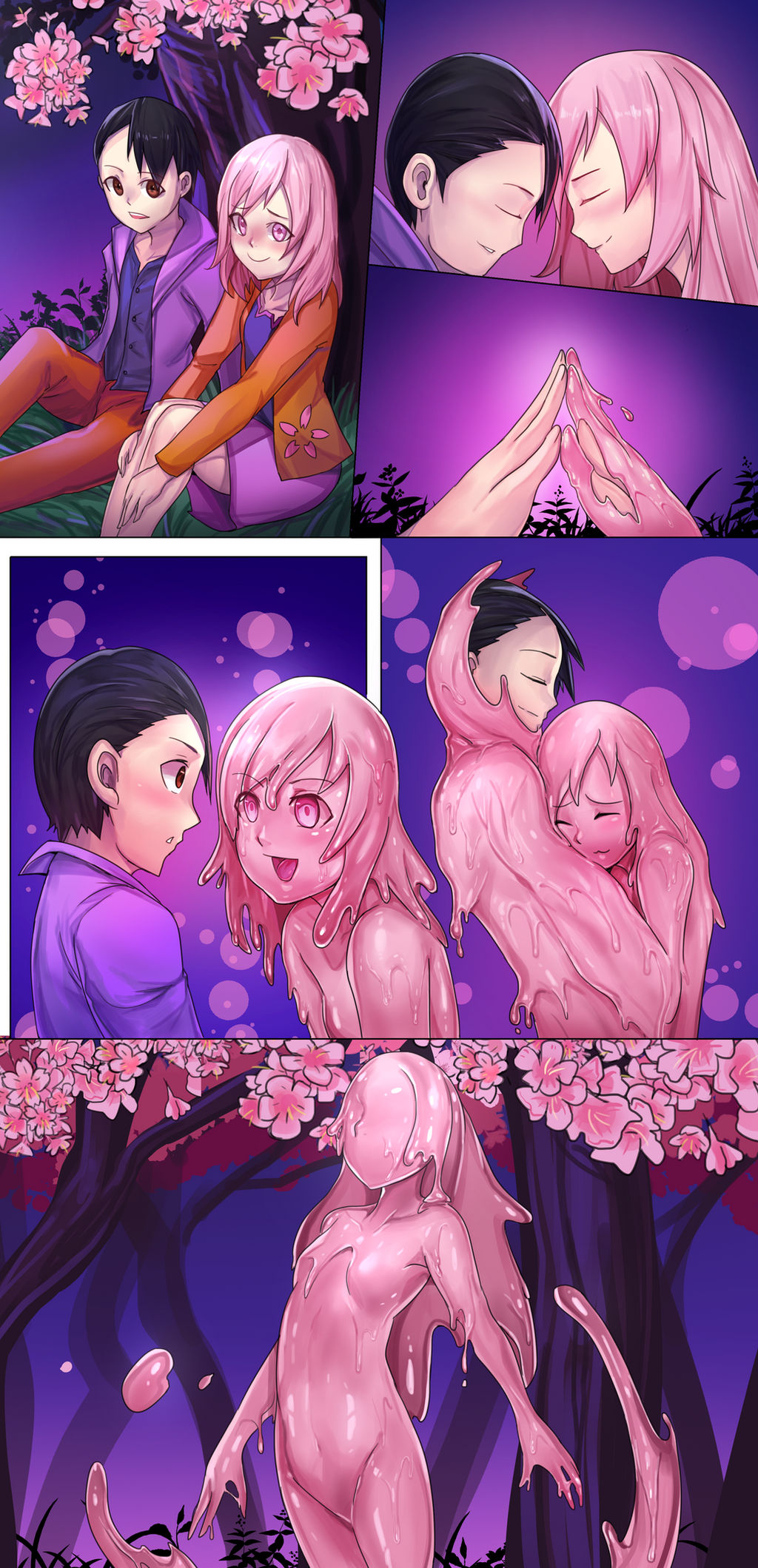 Rule 34 Dev - 1boy 1girl absorption black_hair blush colored_skin comic  fusion genderswap genderswap_(mtf) highres hug ibenz009 merging_bodies  monster_girl pink_eyes pink_hair pink_skin skirt slime_girl smile  transformation|14991700815