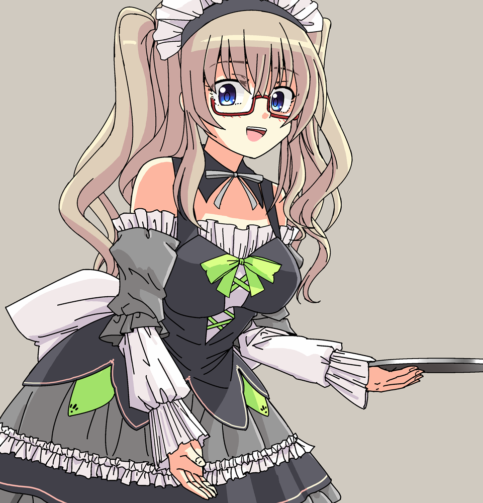 1girl 9-nine- :d back_bow bare_shoulders black_dress blue_eyes bow breasts brown_hair commentary_request cowboy_shot detached_sleeves dress dress_bow frilled_dress frilled_sleeves frills glasses green_bow grey_background hair_between_eyes happy holding holding_tray kujou_miyako leaning_forward light_blush long_dress long_hair long_sleeves looking_at_viewer maid maid_headdress medium_breasts nine_ball_maid_uniform official_alternate_costume official_alternate_hairstyle open_mouth red-framed_eyewear semi-rimless_eyewear sidelocks simple_background smile solo tray twintails wavy_hair white_bow youei_(maiko)