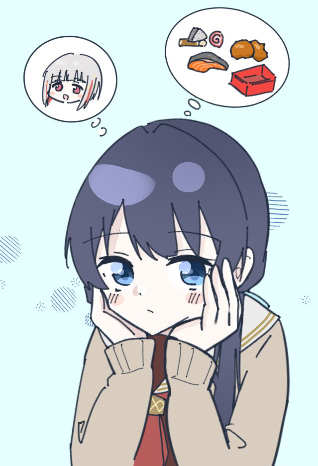 2girls :/ :d bento blue_background blue_eyes blue_hair blue_ribbon blush bob_cut brown_cardigan brown_dress cardigan chicken_(food) closed_mouth colored_inner_hair commentary_request diagonal_bangs dollchestra dress food fried_chicken grey_hair hair_ornament hair_ribbon hands_on_own_cheeks hands_on_own_face hasu_no_sora_school_uniform inverted_bob kamaboko link!_like!_love_live! long_hair long_sleeves love_live! low_twintails magu_(cv_mgmgcup) multicolored_hair multiple_girls murano_sayaka narutomaki neckerchief open_cardigan open_clothes open_mouth red_eyes red_hair red_neckerchief ribbon sailor_collar sailor_dress salmon school_uniform short_hair smile solo_focus speech_bubble spoken_character spoken_food star_(symbol) star_hair_ornament streaked_hair thinking thought_bubble twintails virtual_youtuber white_sailor_collar winter_uniform yugiri_tsuzuri