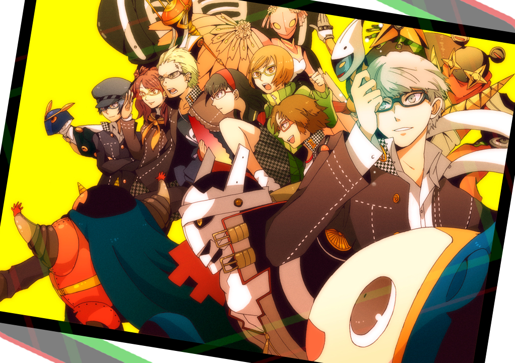 3boys 4girls amagi_yukiko atlus bad_id bad_pixiv_id black_hair blue_hair brown_hair cabbie_hat cape everyone glasses grey_eyes grey_hair hairband hanamura_yousuke hat high_collar himiko_(persona_4) izanagi_(persona_4) jiraiya_(persona_4) kintoki-douji konohana_sakuya_(persona) kujikawa_rise kuma_(persona_4) multiple_boys multiple_girls narukami_yu okimaru persona persona_4 red_hair satonaka_chie scarf school_uniform shirogane_naoto short_hair skirt smile sukuna_hikona take-mikazuchi tatsumi_kanji tomoe_(persona_4) twintails