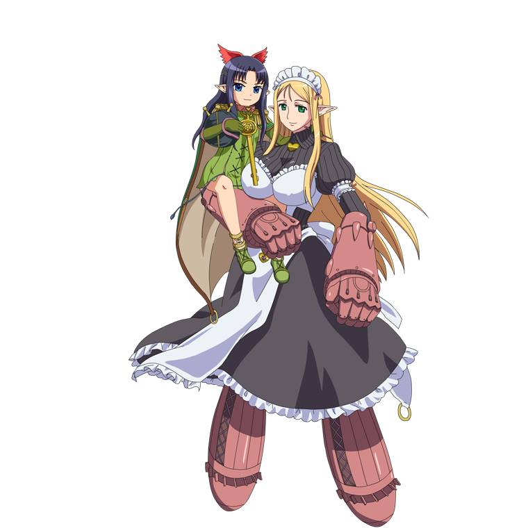 10s 2girls apron blonde_hair blue_eyes blush breasts cape clenched_hand flower freckles frills green_eyes gun koume_keito large_breasts long_hair maid maid_apron multiple_girls pointy_ears queen&#039;s_blade queen&#039;s_blade_lost_worlds queen&#039;s_blade_rebellion thighhighs translation_request vante weapon yuit_(queen&#039;s_blade)