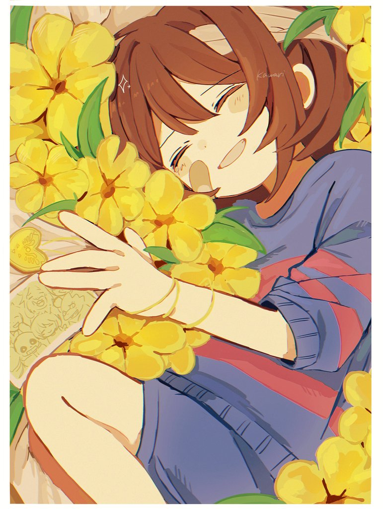 1other bandage_on_face bandages blue_shorts blue_sweater brown_hair closed_eyes flower frisk_(undertale) grin kawar1117552 lying other_focus photo_(object) short_hair shorts smile solo sunflower sweater teeth undertale