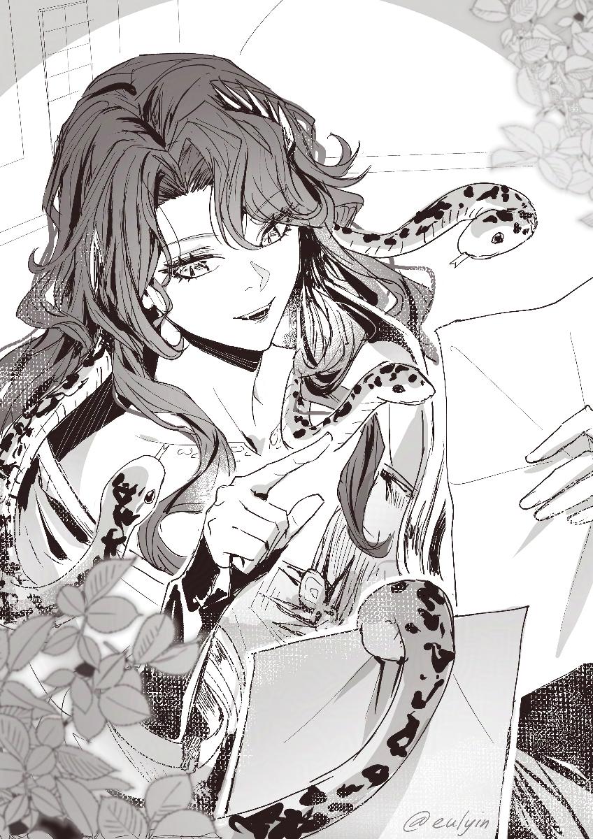 1girl :d dress eulyin_huan greyscale hands_up highres hissabeth holding holding_paper jacket long_hair monochrome open_mouth paper plant pointing reading reverse:1999 slit_pupils smile snake snake_on_head solo upper_body