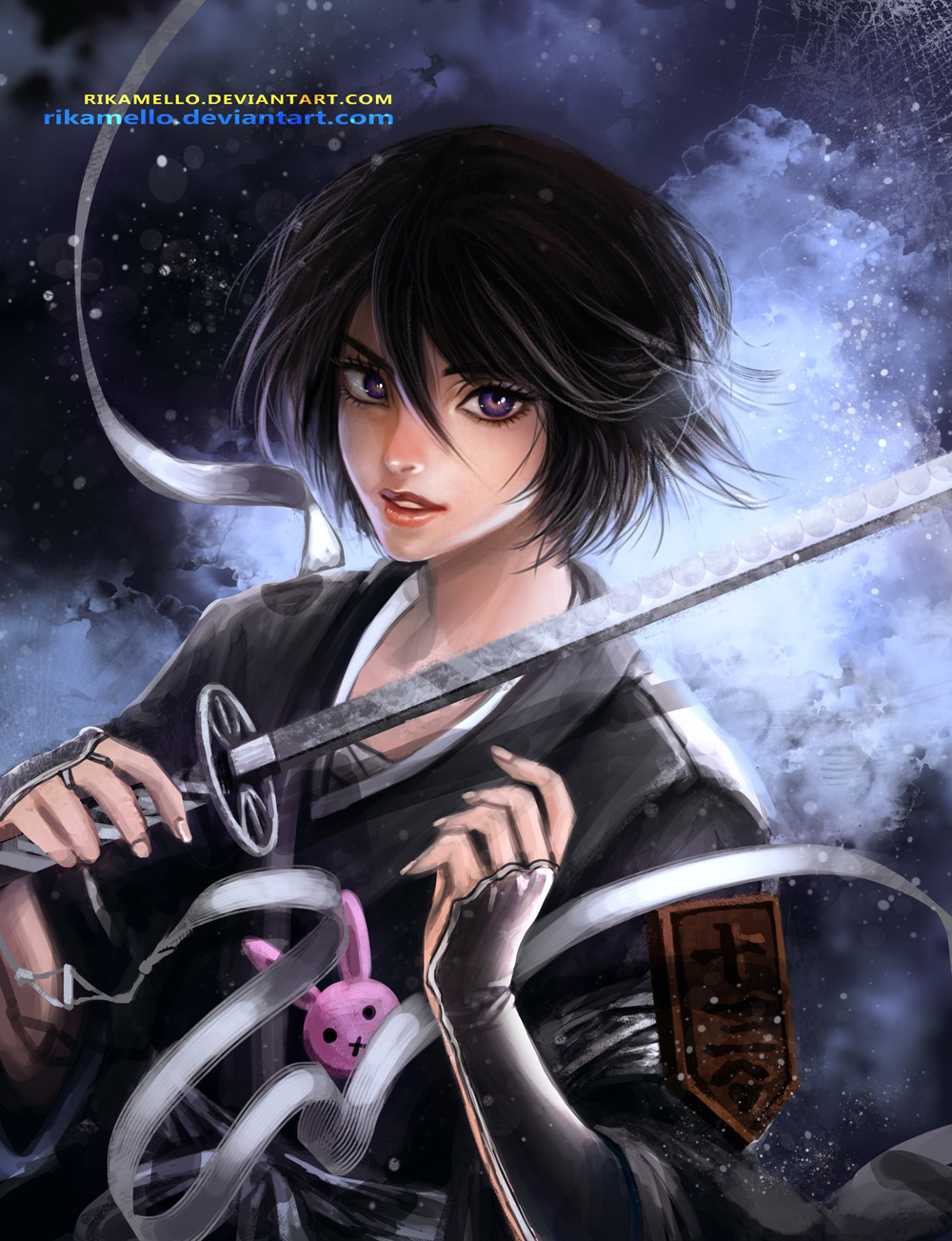 1girl badge black_kimono bleach female_focus fukutaichou_badge hair_between_eyes highres holding holding_sword holding_weapon japanese_clothes kimono kuchiki_rukia purple_eyes realistic rikamello shikai shinigami short_hair snow sode_no_shirayuki solo stuffed_animal stuffed_rabbit stuffed_toy sword very_short_hair watermark weapon web_address