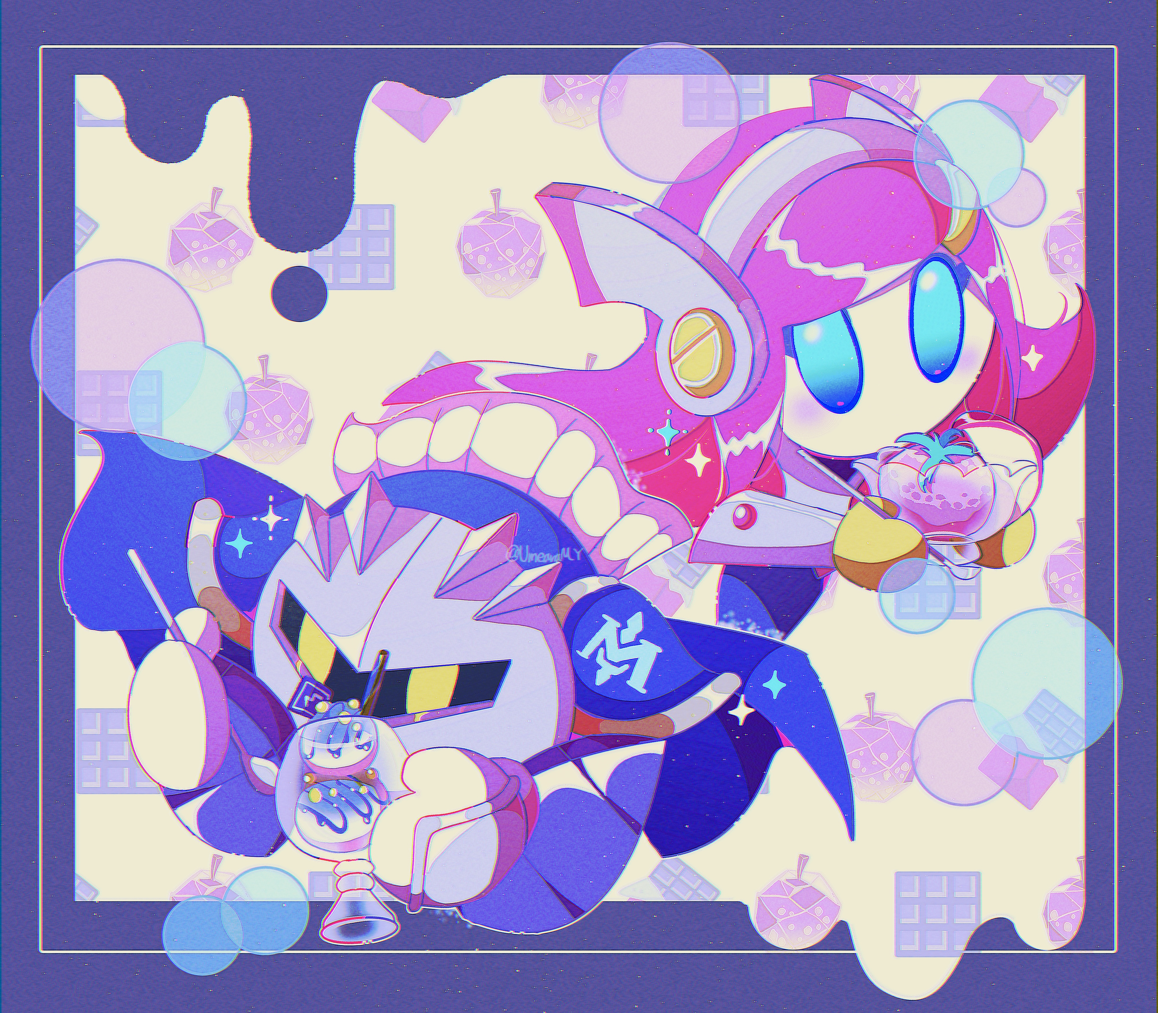 1boy 1girl absurdres armor blue_eyes cup food fukkatsu_no_maya gem_apple gloves hair_ornament hairclip highres holding holding_cup kirby:_planet_robobot kirby_(series) mask meta_knight nintendo parfait pauldrons pink_hair rayman_limbs shoulder_armor sparkle susie_(kirby) yellow_eyes yellow_gloves