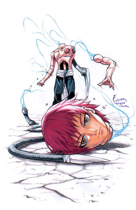 1boy brown_eyes cable disembodied_head doll_joints dominic_ian_cabatit expressionless joints male_focus marionette naruto_(series) naruto_shippuuden puppet puppet_strings red_hair sasori_(naruto) short_hair solo topless_male