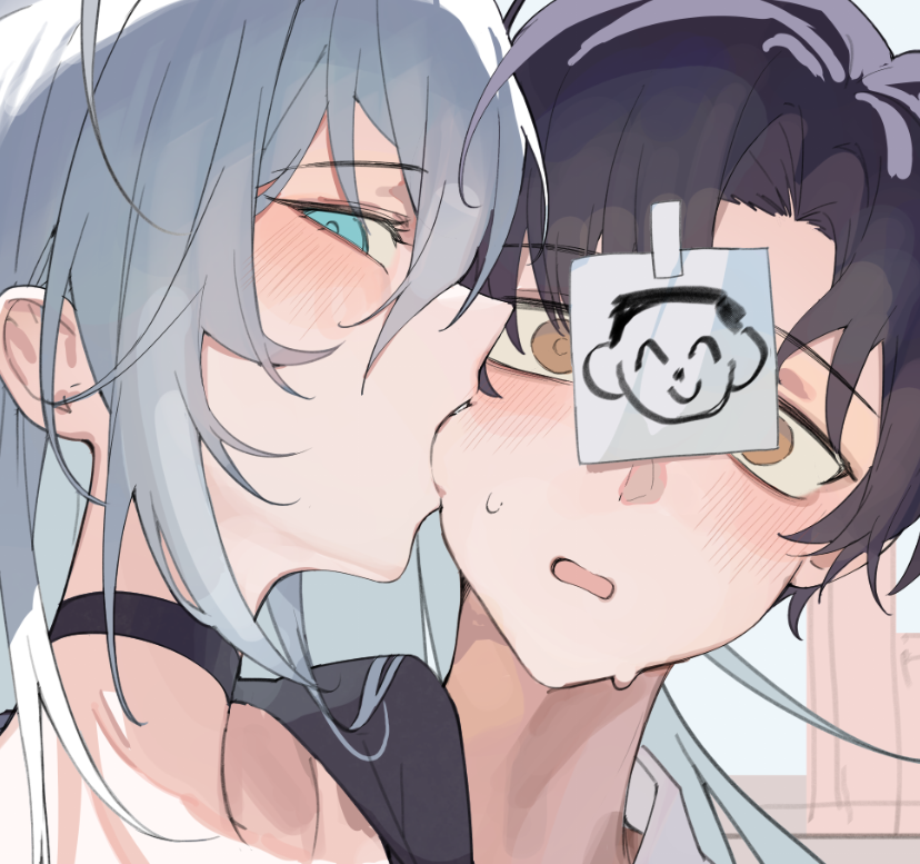 1boy 1girl biting black_choker black_dress black_hair blue_archive blue_eyes blush brown_eyes choker close-up doodle_sensei_(blue_archive) dress grey_hair long_hair looking_at_viewer may.l sensei_(blue_archive) sensei_(blue_archive_the_animation) shiroko_(blue_archive) shiroko_terror_(blue_archive) shirt short_hair simple_background white_background white_shirt