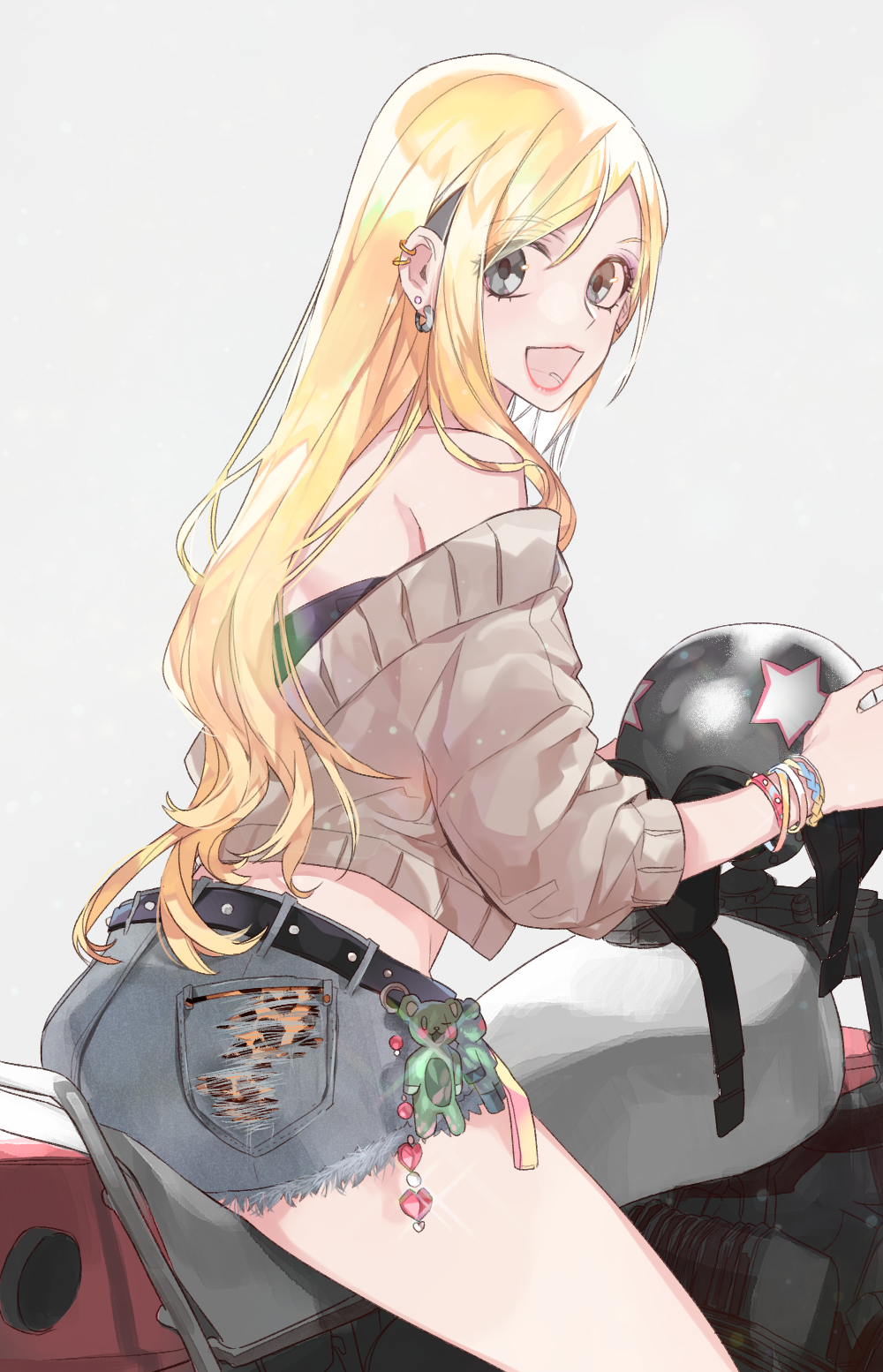1girl :d animal_print bad_id bad_pixiv_id bear_charm belt belt_charm black_belt blonde_hair blue_pants bracelet charm_(object) commentary_request cutoffs denim denim_shorts earrings female_focus fresa_pie from_side grey_background grey_eyes grin helmet highres holding holding_helmet jewelry leopard_print long_hair midriff motor_vehicle motorcycle on_motorcycle open_mouth orange_panties original panties pants pink_lips shorts sitting smile solo stud_earrings thighs underwear