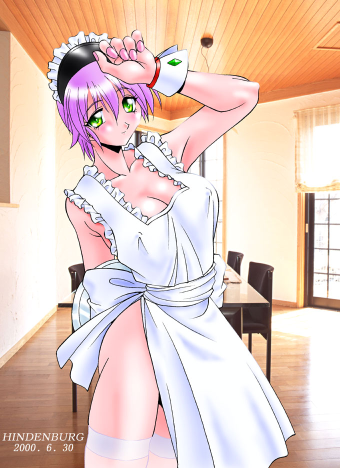 apron blush green_eyes hindenburg_(hindenburugu) maid_headdress naked_apron nude photo_background pink_hair smile thighhighs tokimeki_memorial tokimeki_memorial_2 yae_kaori